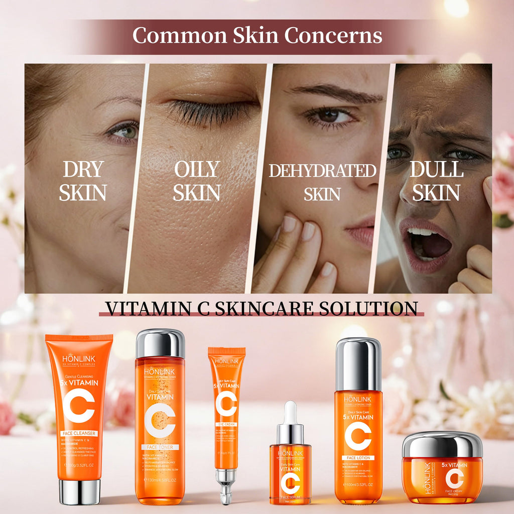 6-Piece Hydrating Vitamin C Skincare Set with Niacinamide, Daily Face Care Routine Includes Cleanser, Toner, Serum, Moisturizer, Eye Cream & Body Lotion for Self Care