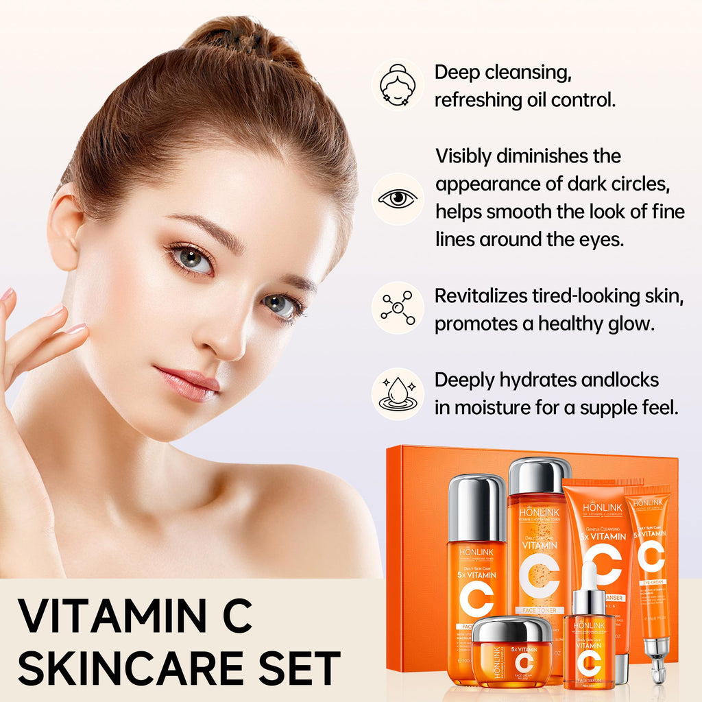 6-Piece Hydrating Vitamin C Skincare Set with Niacinamide, Daily Face Care Routine Includes Cleanser, Toner, Serum, Moisturizer, Eye Cream & Body Lotion for Self Care