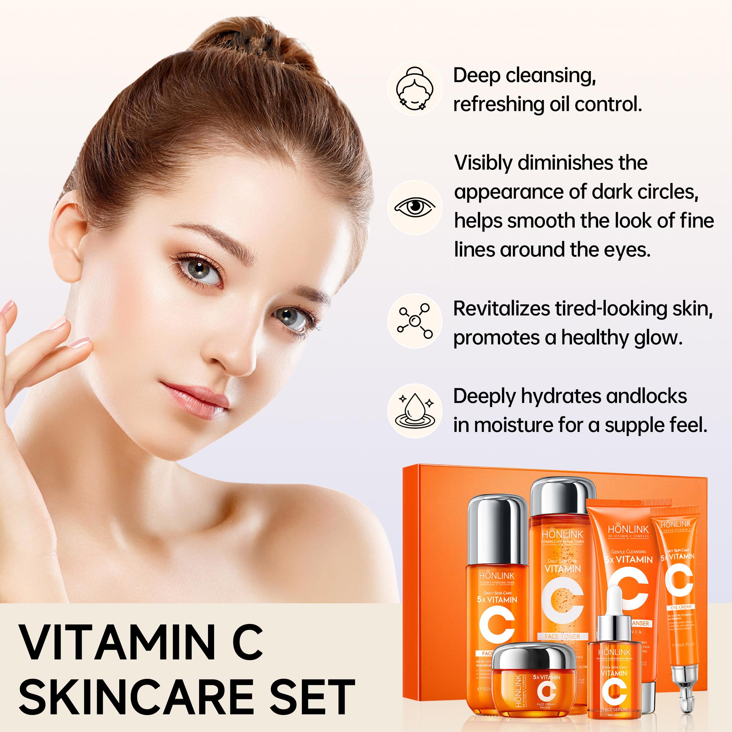 6-Piece Hydrating Vitamin C Skincare Set with Niacinamide, Daily Face Care Routine Includes Cleanser, Toner, Serum, Moisturizer, Eye Cream & Body Lotion for Self Care