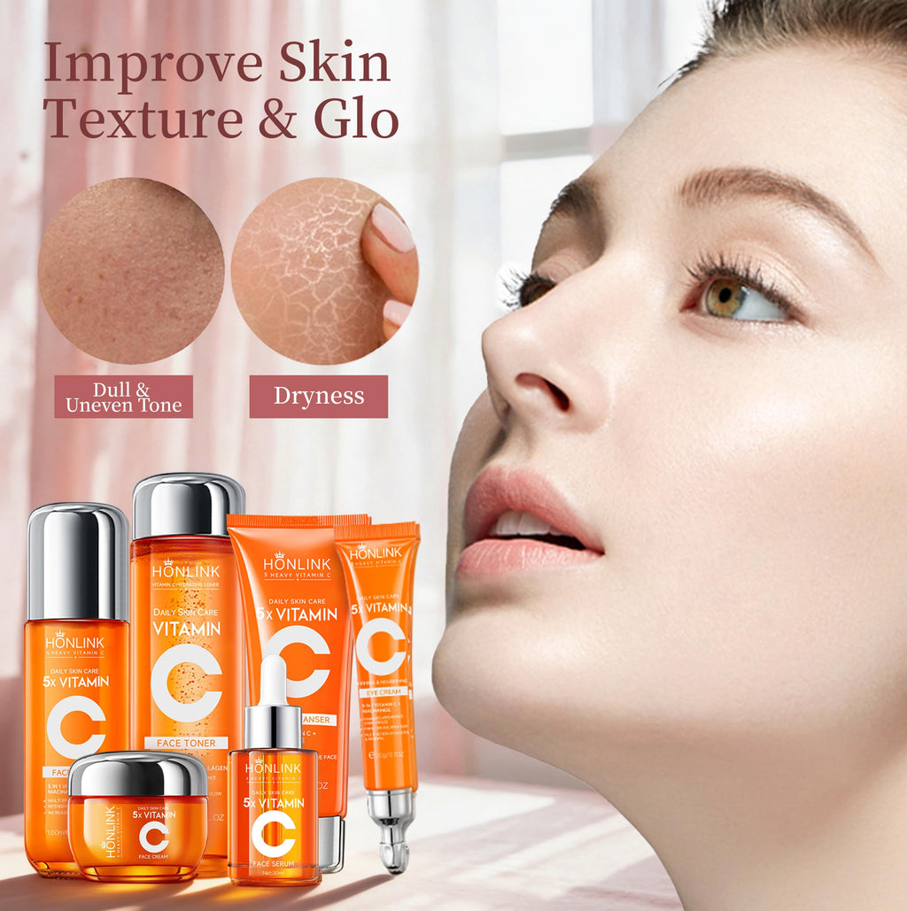 6-Piece Hydrating Vitamin C Skincare Set with Niacinamide, Daily Face Care Routine Includes Cleanser, Toner, Serum, Moisturizer, Eye Cream & Body Lotion for Self Care