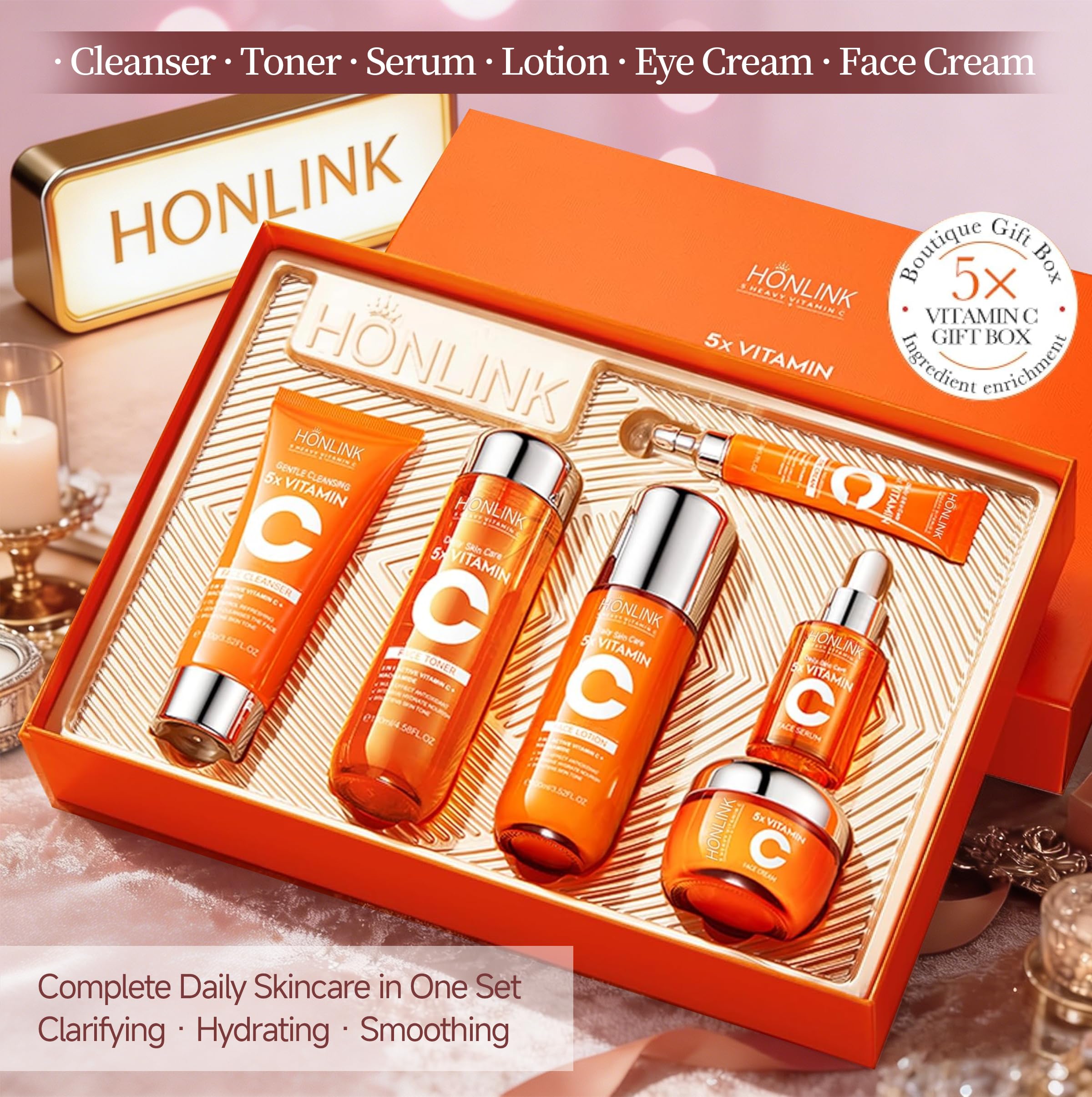 6-Piece Hydrating Vitamin C Skincare Set with Niacinamide, Daily Face Care Routine Includes Cleanser, Toner, Serum, Moisturizer, Eye Cream & Body Lotion for Self Care