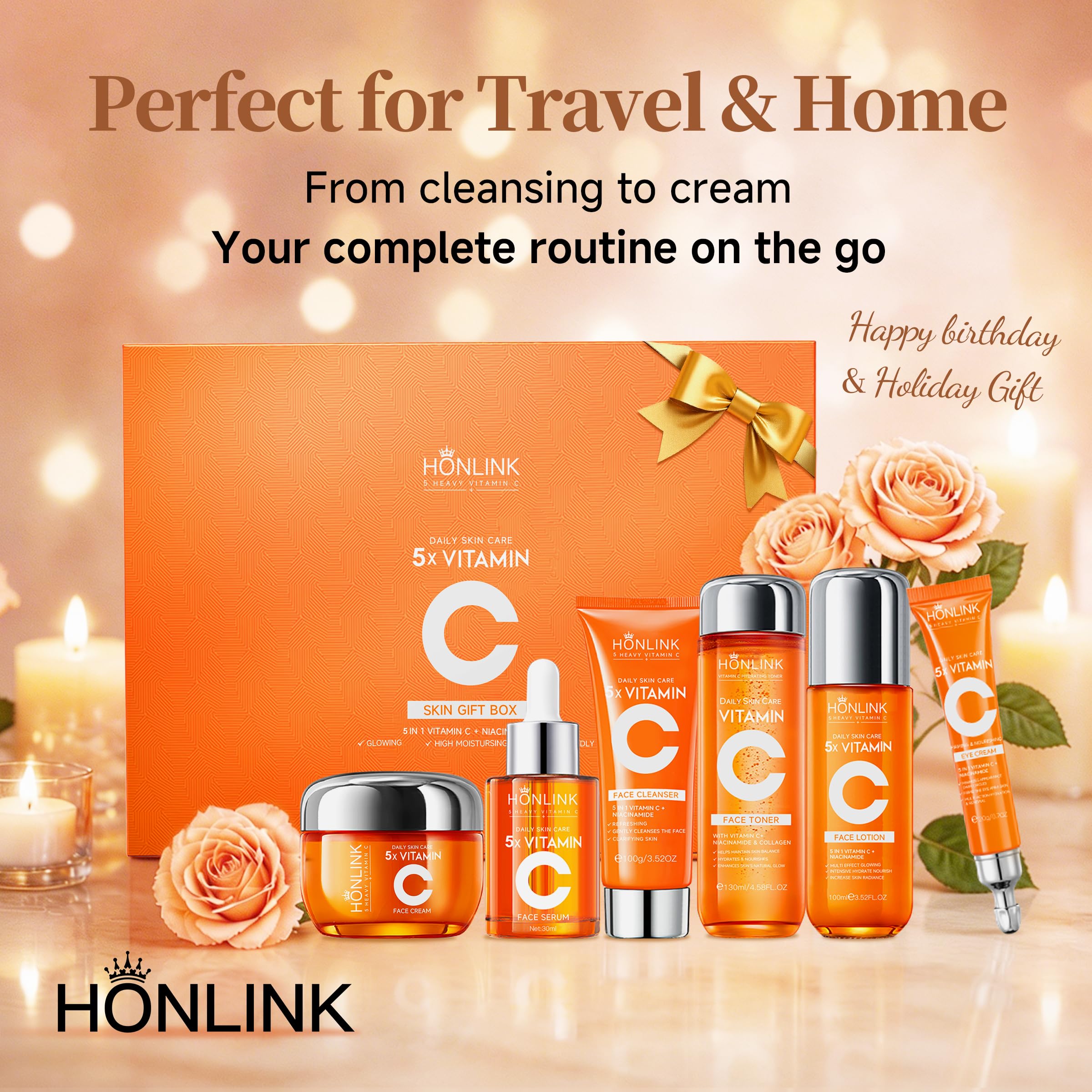 6-Piece Hydrating Vitamin C Skincare Set with Niacinamide, Daily Face Care Routine Includes Cleanser, Toner, Serum, Moisturizer, Eye Cream & Body Lotion for Self Care