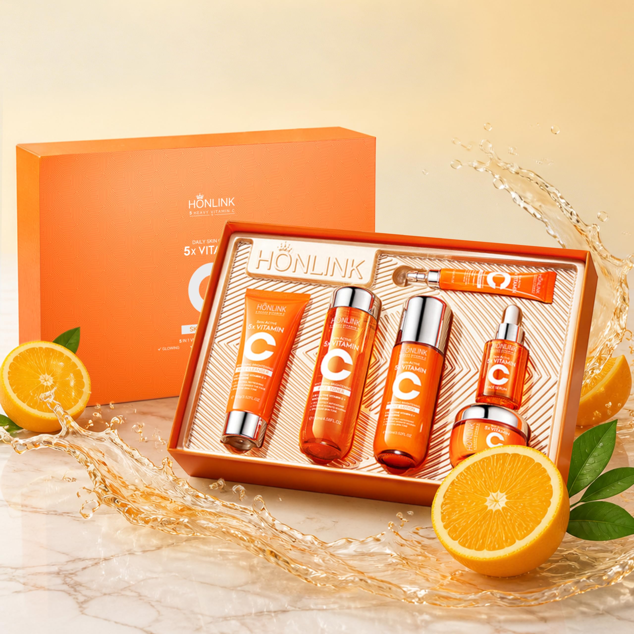 6-Piece Hydrating Vitamin C Skincare Set with Niacinamide, Daily Face Care Routine Includes Cleanser, Toner, Serum, Moisturizer, Eye Cream & Body Lotion for Self Care